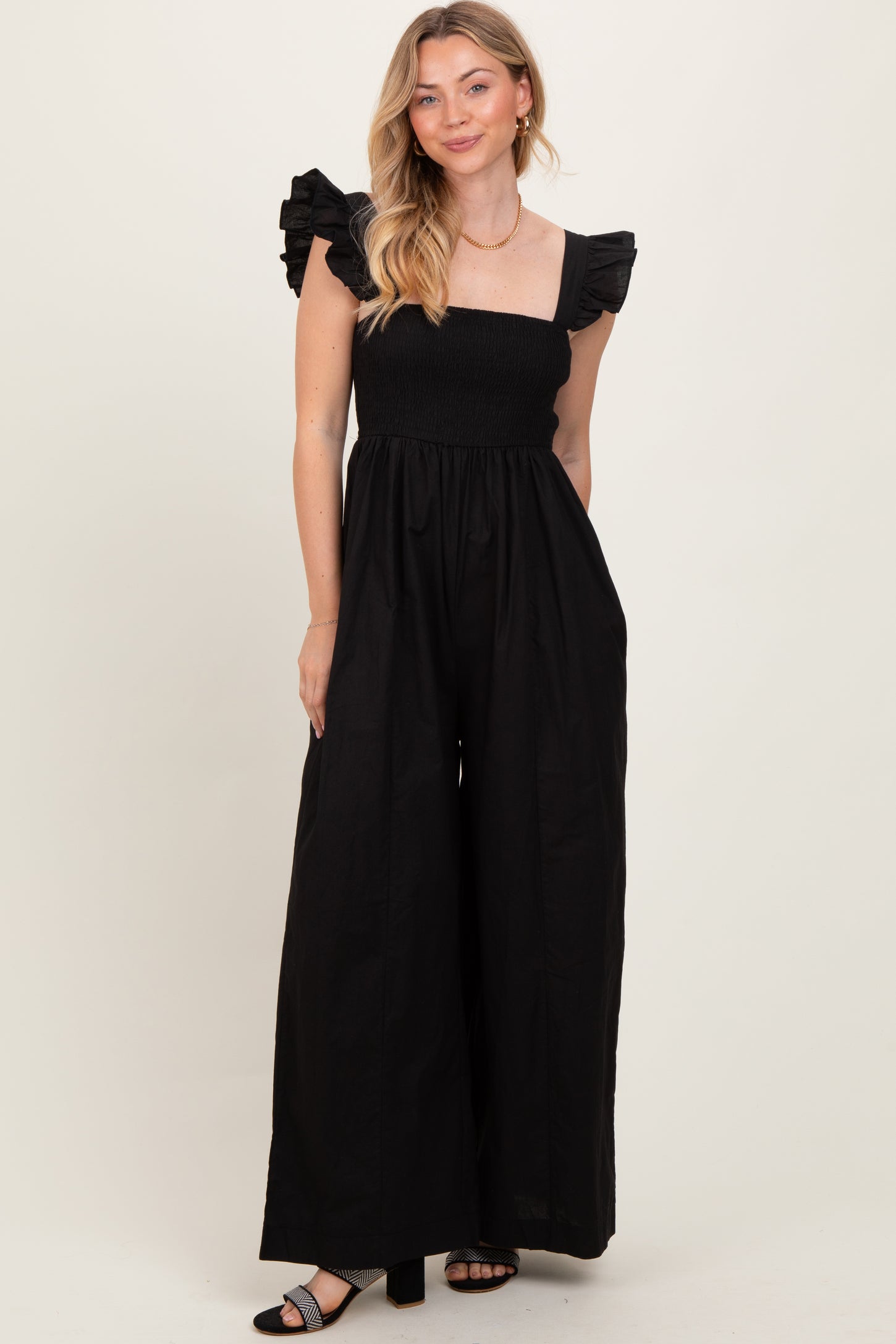 Black Ruffle Strap Smocked Wide Leg Jumpsuit