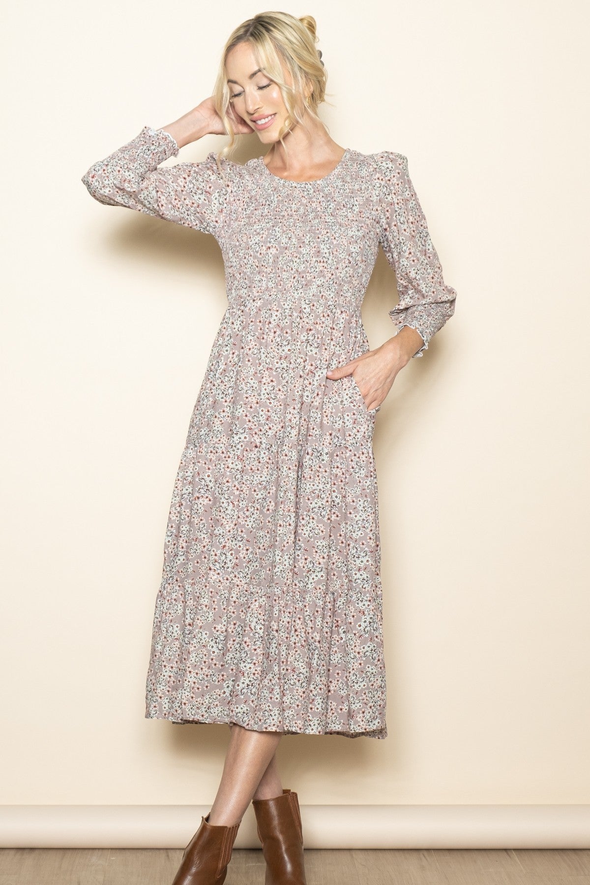 Taupe Floral Smocked Bubble Sleeve Midi Dress