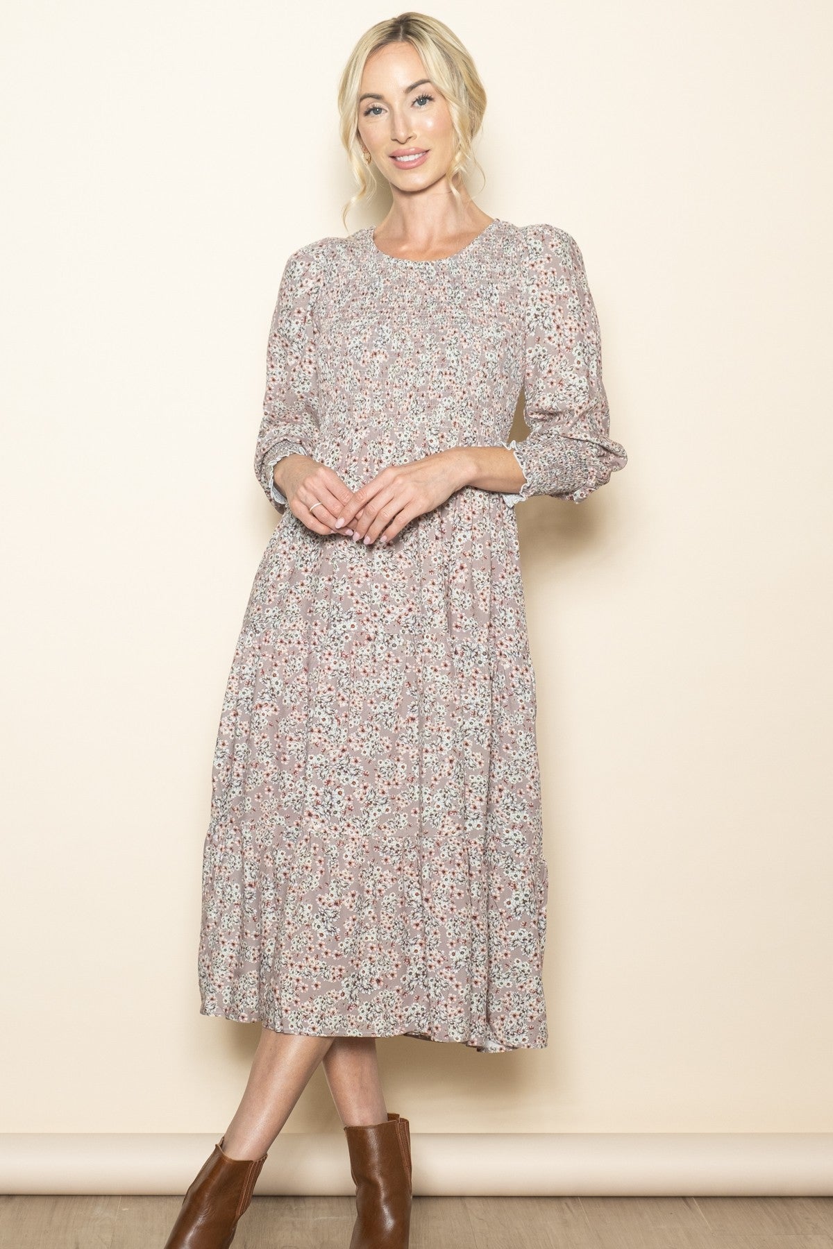 Taupe Floral Smocked Bubble Sleeve Midi Dress
