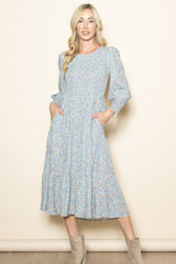 Light Blue Floral Smocked Bubble Sleeve Midi Dress