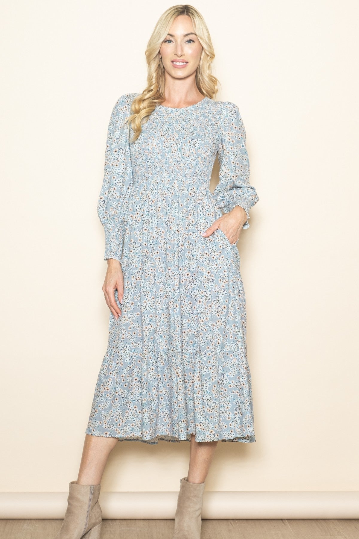 Light Blue Floral Smocked Bubble Sleeve Midi Dress