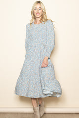 Light Blue Floral Smocked Bubble Sleeve Midi Dress