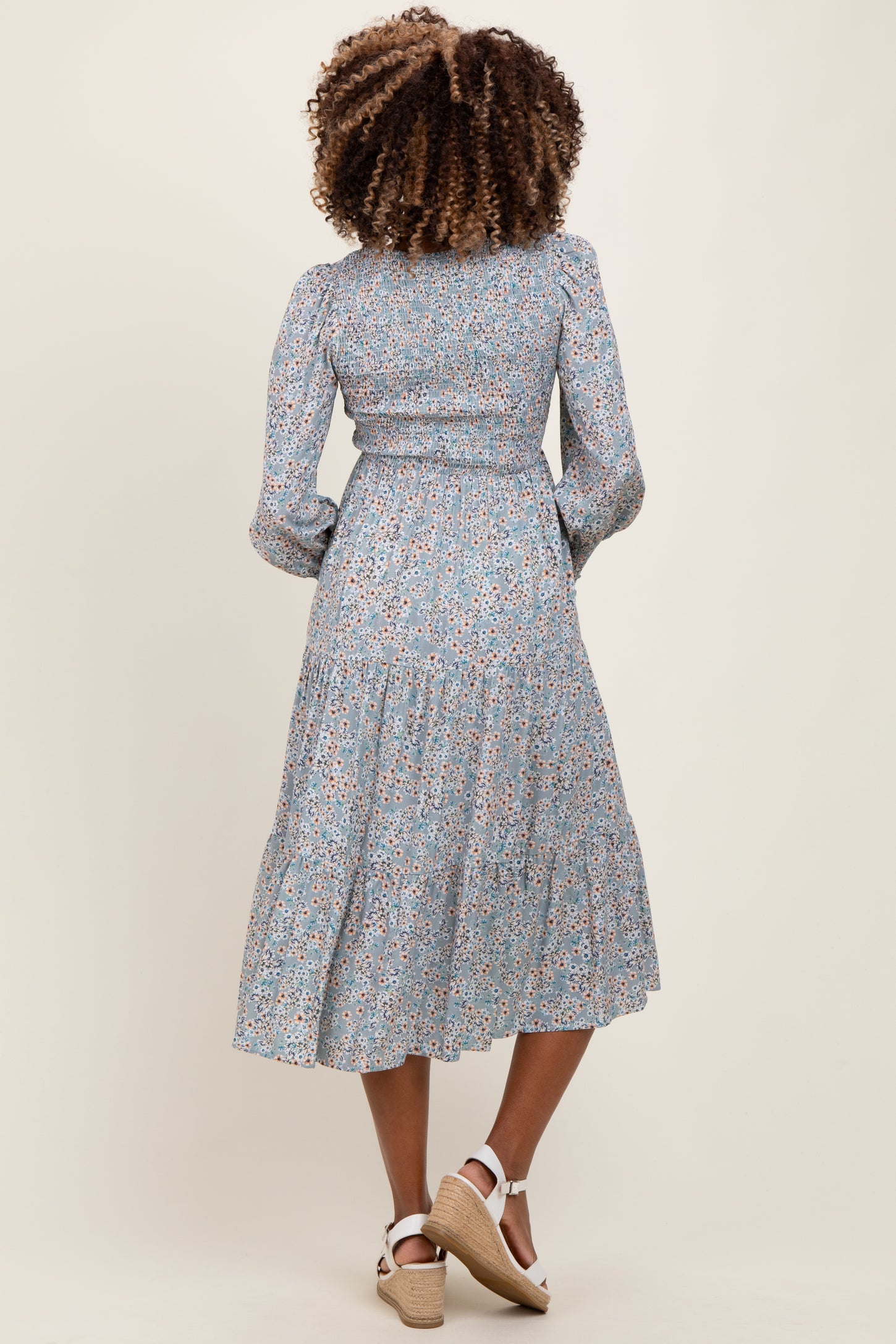 Light Blue Floral Smocked Bubble Sleeve Maternity Midi Dress