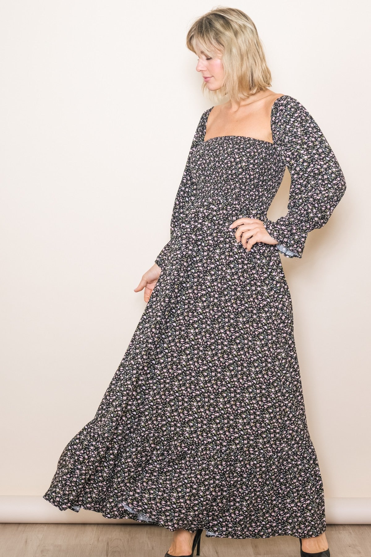 Black Floral Smocked Off Shoulder Maxi Dress