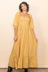 Yellow Floral Smocked Off Shoulder Maternity Maxi Dress