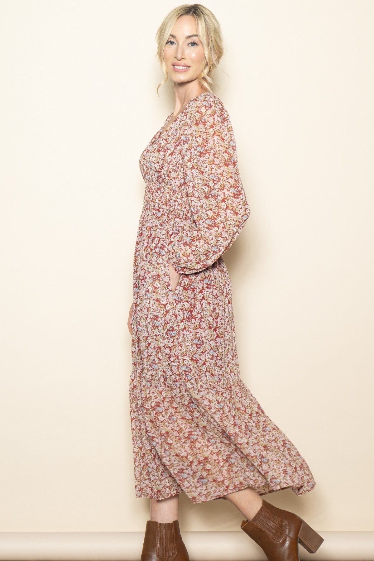 Burgundy Floral Smocked Waist Maxi Dress