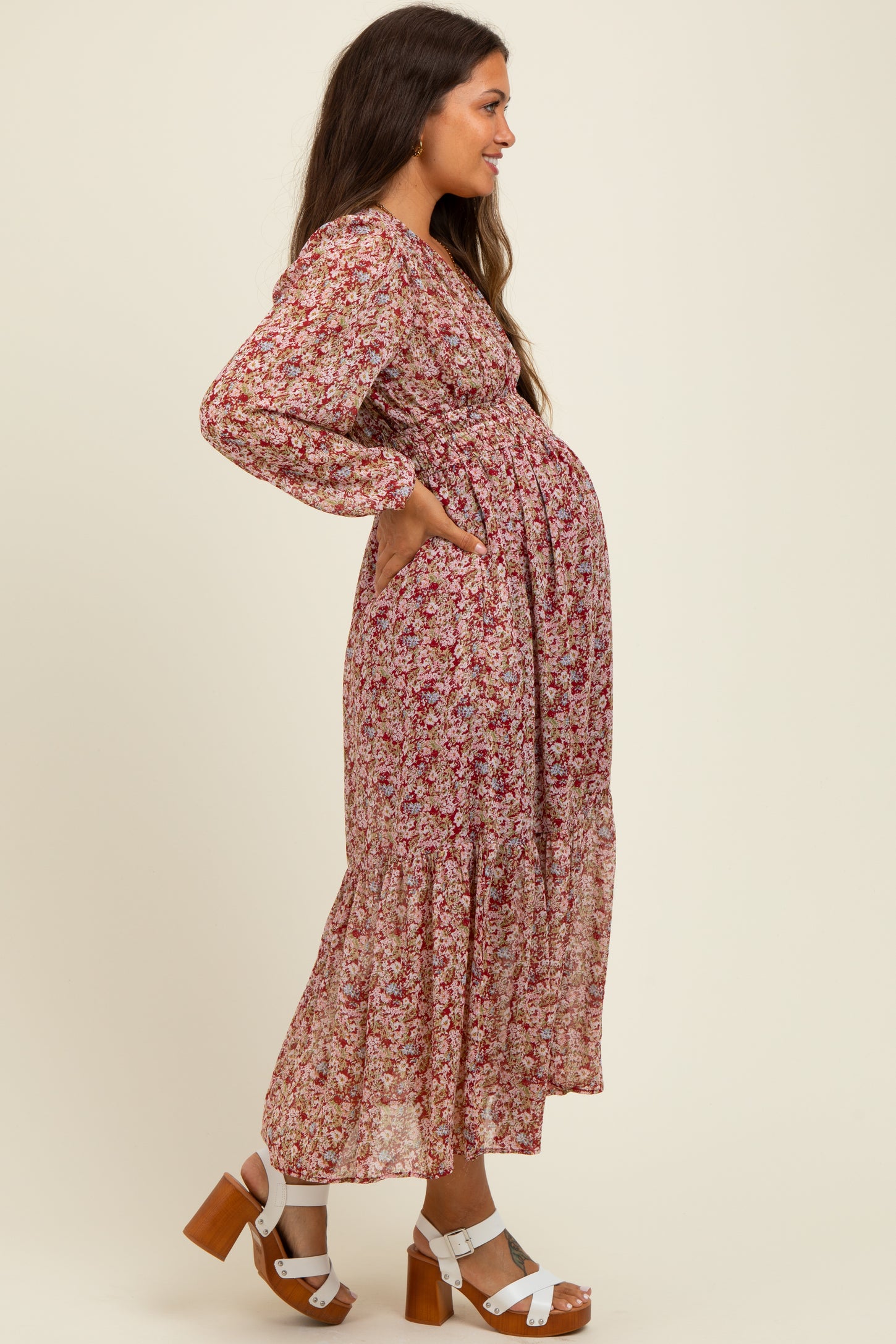 Burgundy Floral Smocked Waist Maternity Maxi Dress