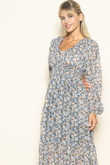 Blue Floral Smocked Waist Maxi Dress