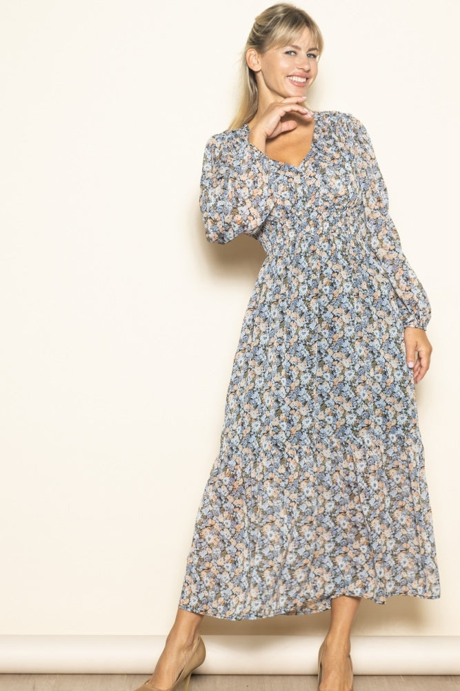 Blue Floral Smocked Waist Maxi Dress
