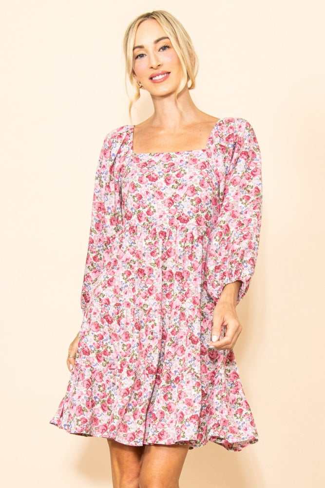 Pink Rose Print Long Sleeve Maternity Dress