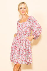 Pink Rose Print Long Sleeve Dress