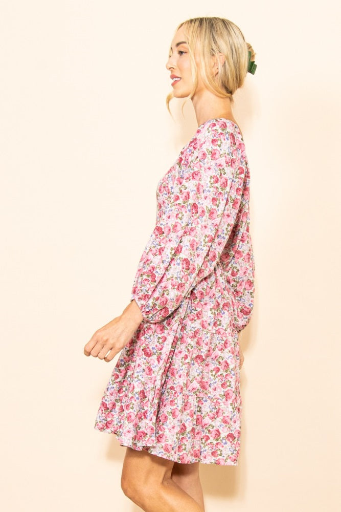 Pink Rose Print Long Sleeve Dress
