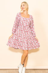 Pink Rose Print Long Sleeve Dress