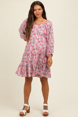 Pink Rose Print Long Sleeve Maternity Dress