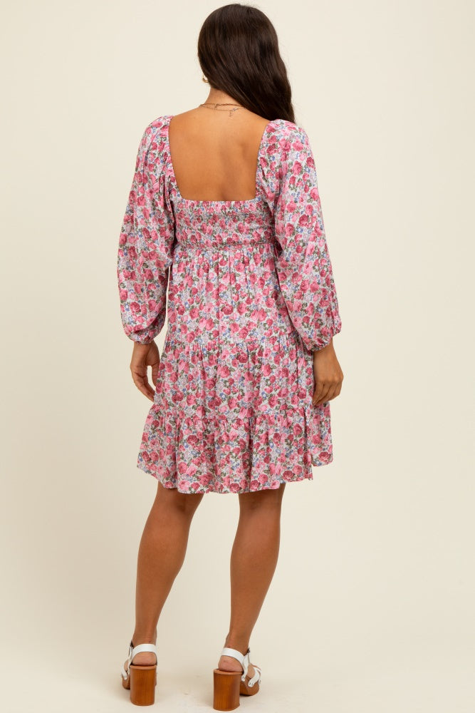 Pink Rose Print Long Sleeve Maternity Dress