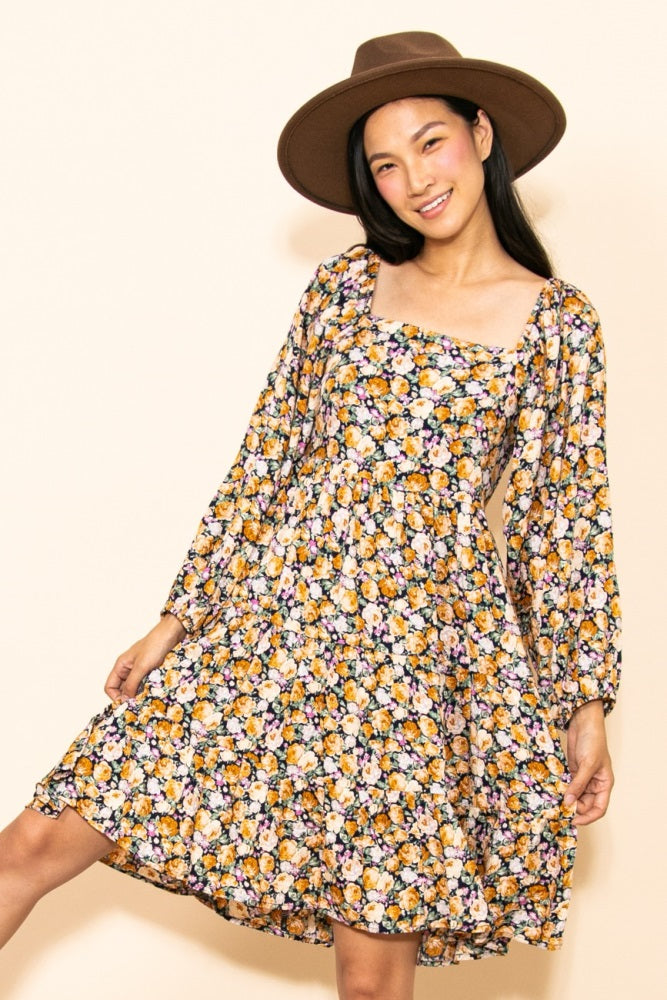 Yellow Rose Print Long Sleeve Dress
