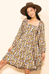 Yellow Rose Print Long Sleeve Dress