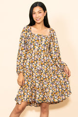 Yellow Rose Print Long Sleeve Dress