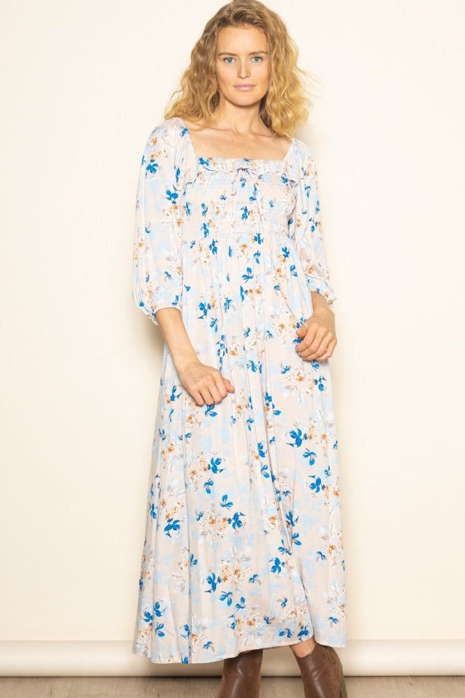 Peach Floral Smocked Front Tie Maxi Dress