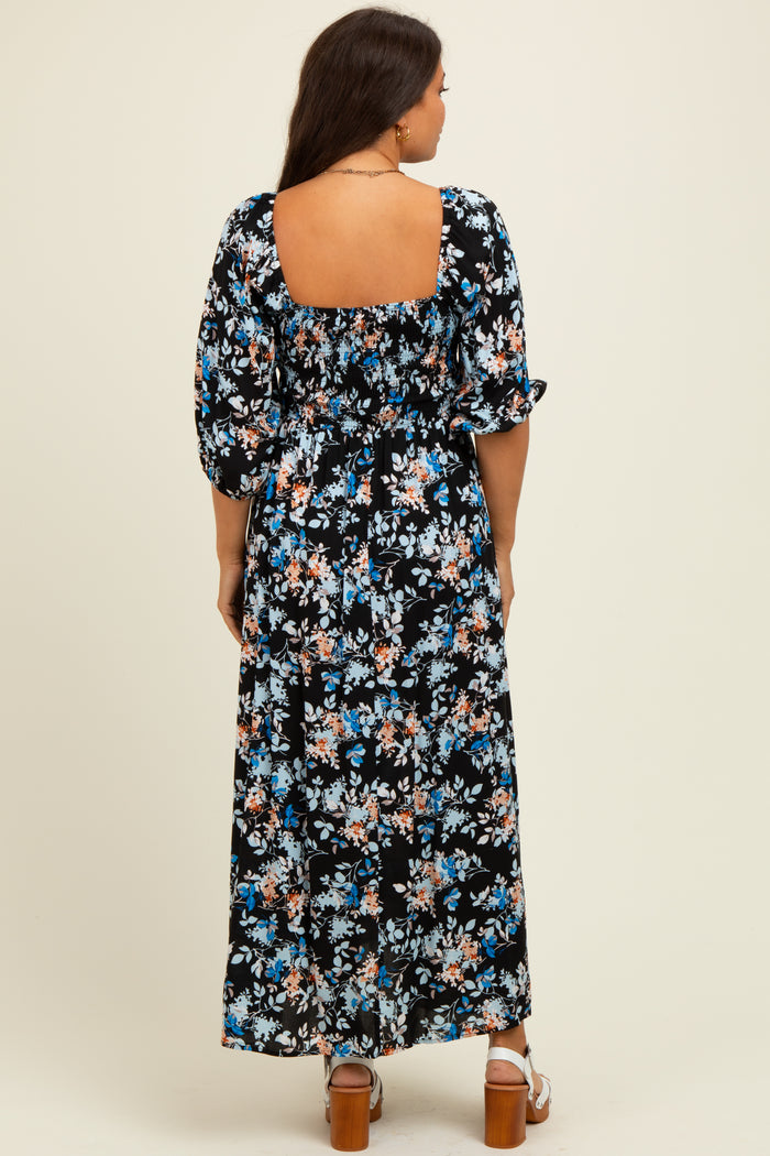 Black Floral Smocked Front Tie Maternity Maxi Dress