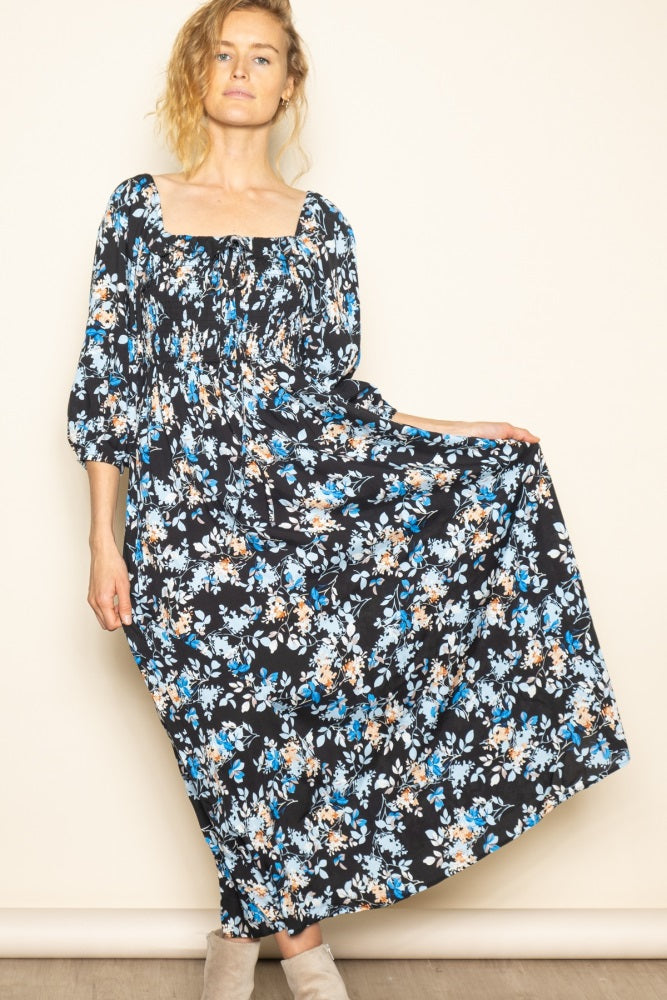 Black Floral Smocked Front Tie Maternity Maxi Dress