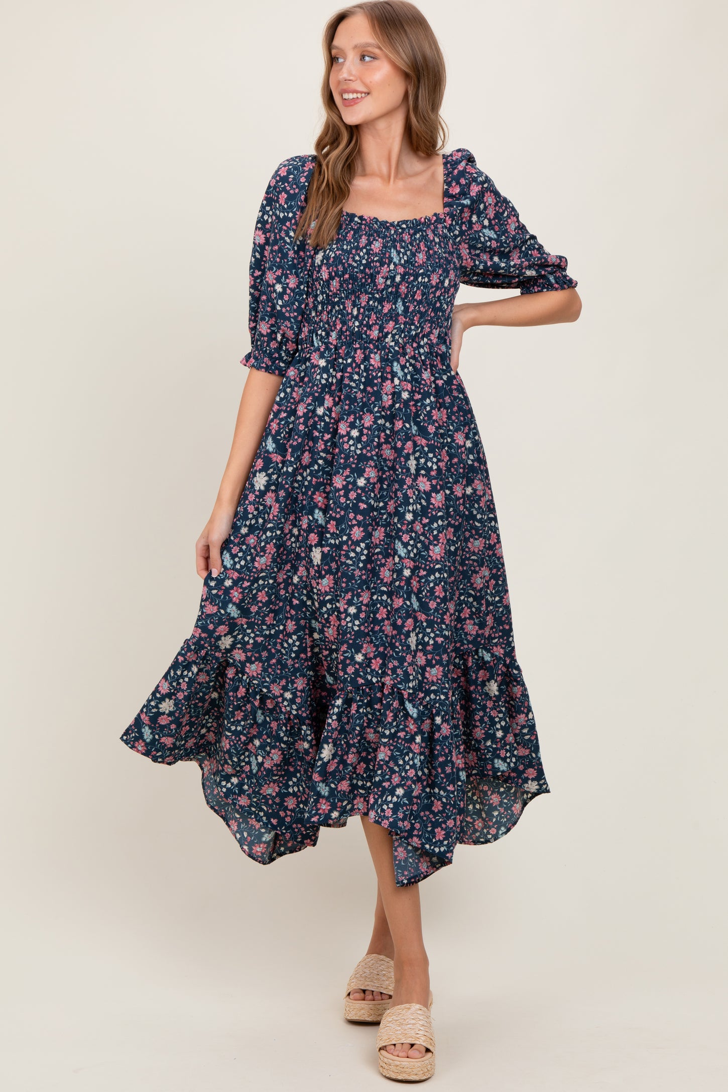 Navy Floral Smocked Handkerchief Hem Maxi Dress