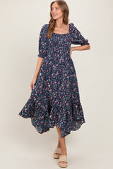 Navy Floral Smocked Handkerchief Hem Maxi Dress
