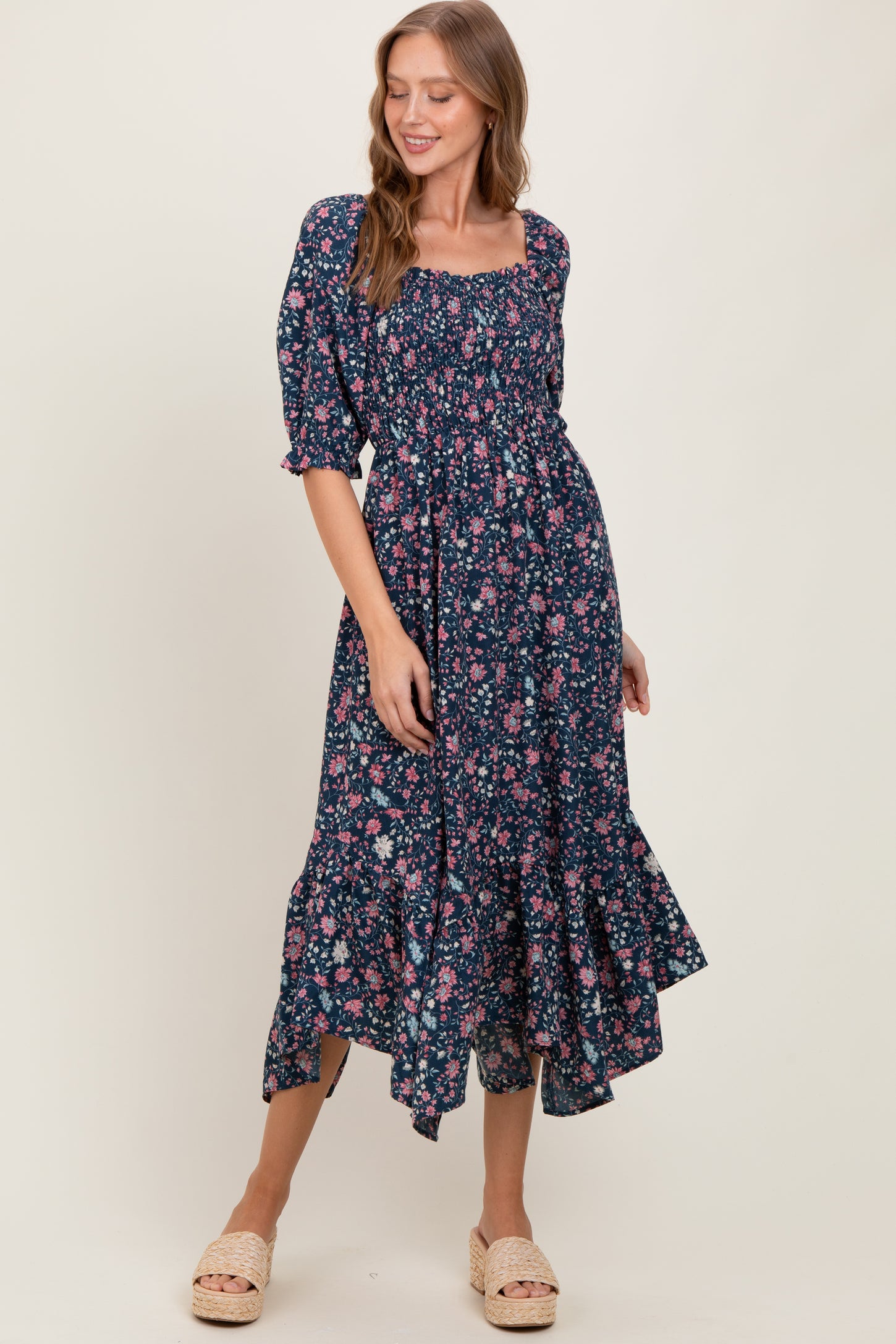Navy Floral Smocked Handkerchief Hem Maxi Dress