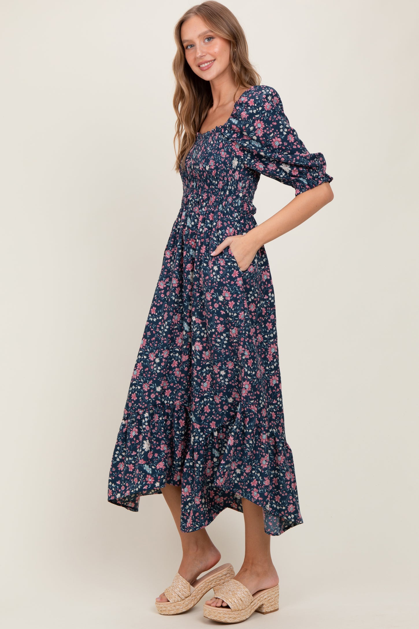 Navy Floral Smocked Handkerchief Hem Maxi Dress