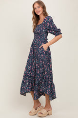 Navy Floral Smocked Handkerchief Hem Maxi Dress