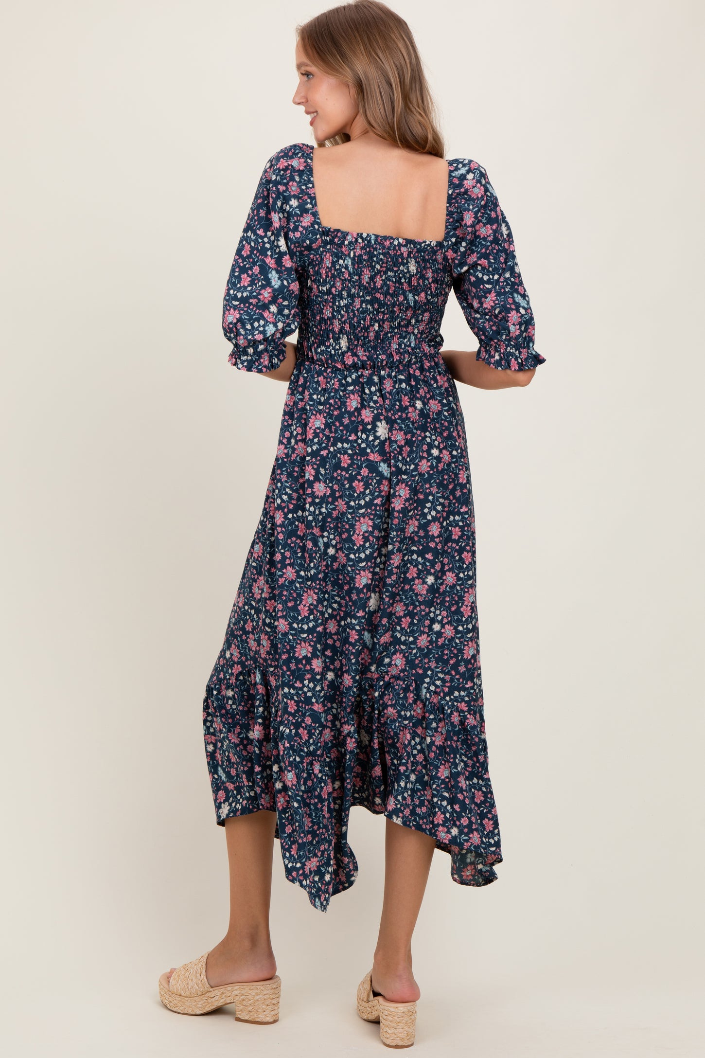 Navy Floral Smocked Handkerchief Hem Maxi Dress