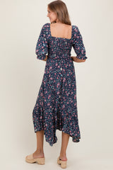 Navy Floral Smocked Handkerchief Hem Maxi Dress