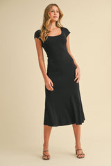 Black/Ivory Short Cap Sleeve Tie Back Sweater Midi Dress