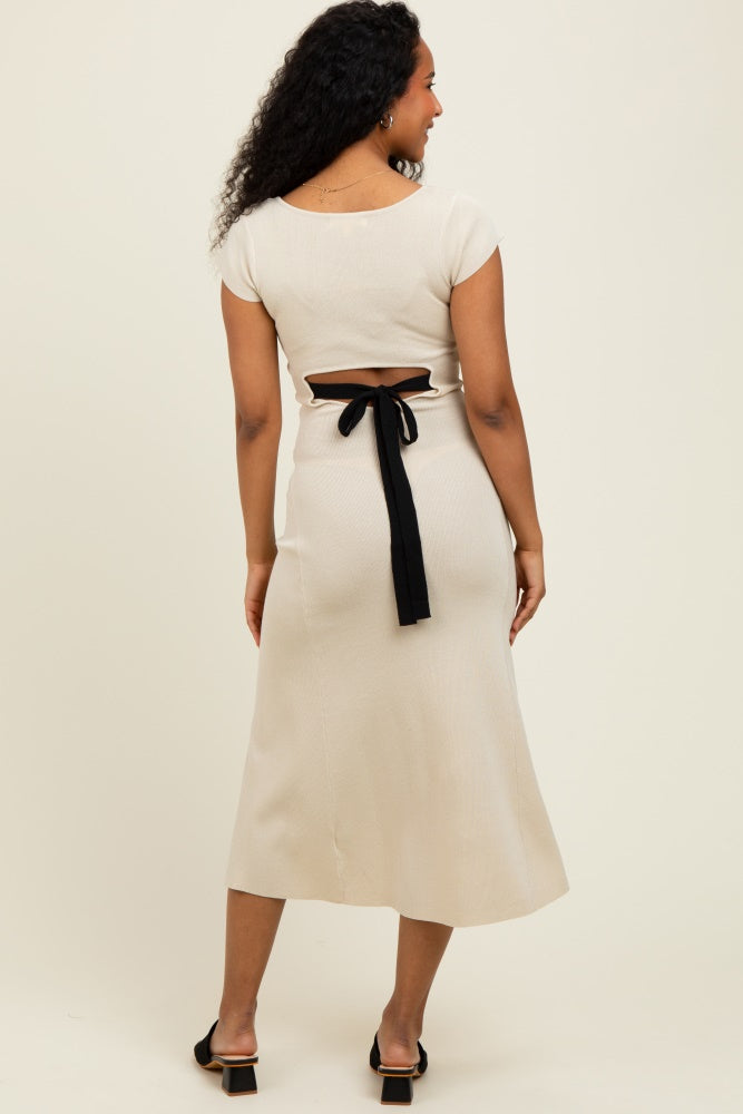 Cream/Black Short Cap Sleeve Tie Back Sweater Midi Dress