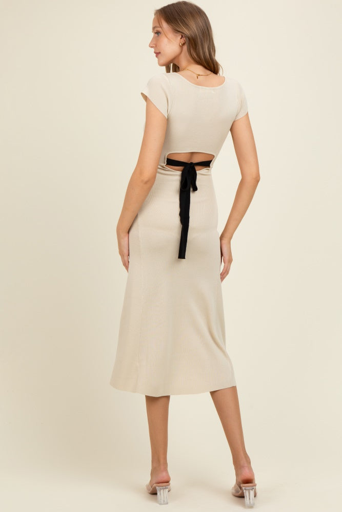 Cream/Black Short Cap Sleeve Tie Back Sweater Maternity Midi Dress
