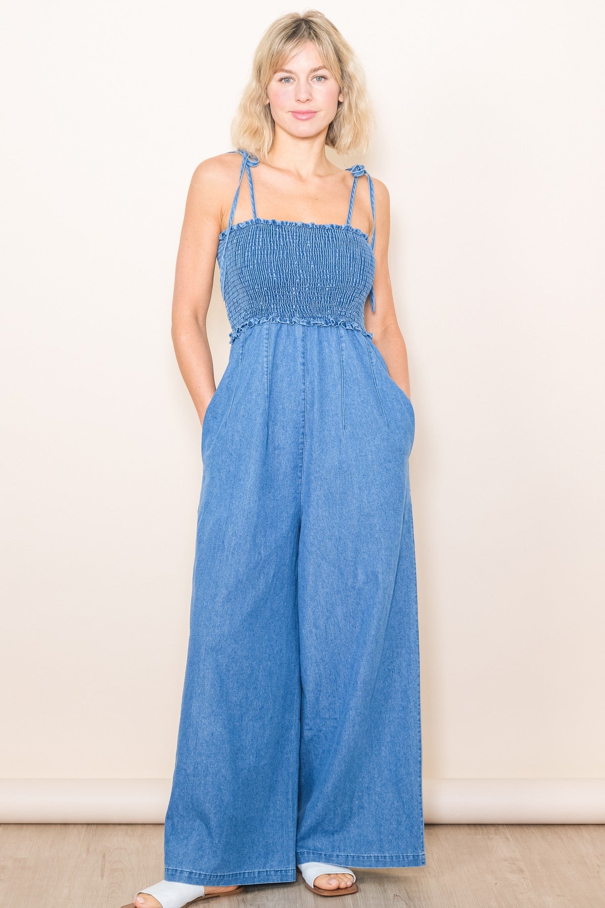 Blue Chambray Shoulder Tie Smocked Jumpsuit