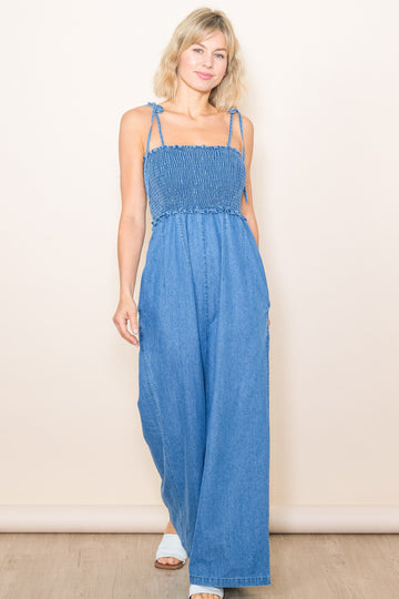 Blue Chambray Shoulder Tie Smocked Jumpsuit