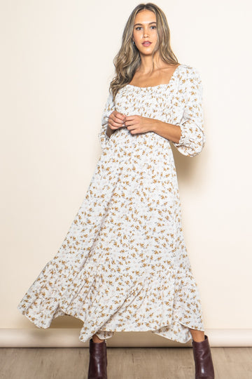 Ivory Floral Smocked Handkerchief Hem Maxi Dress