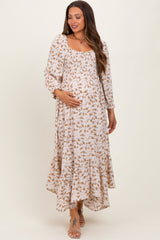 Ivory Floral Smocked Handkerchief Hem Maternity Maxi Dress