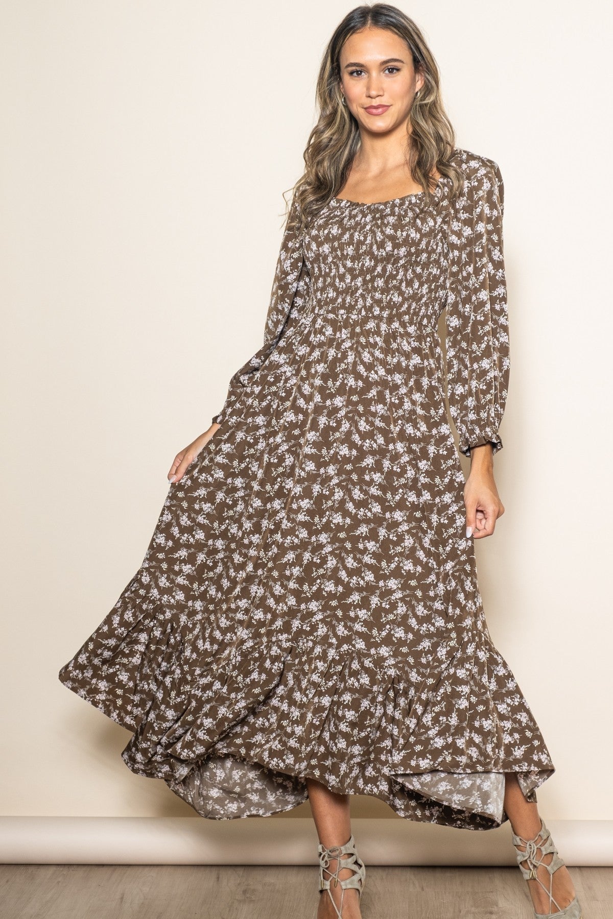 Brown Floral Smocked Handkerchief Hem Maxi Dress