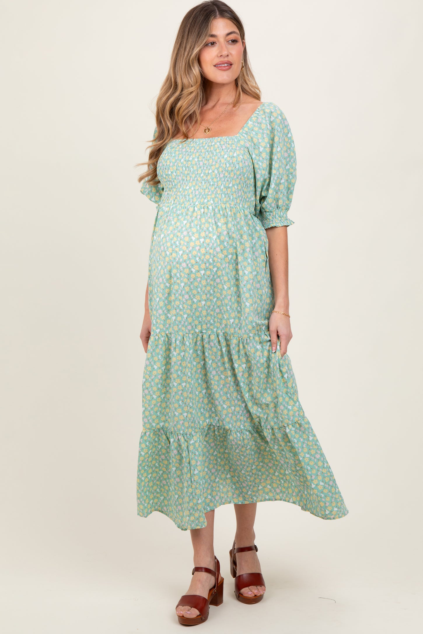 Mint Floral Smocked Tiered Maternity Maxi Dress
