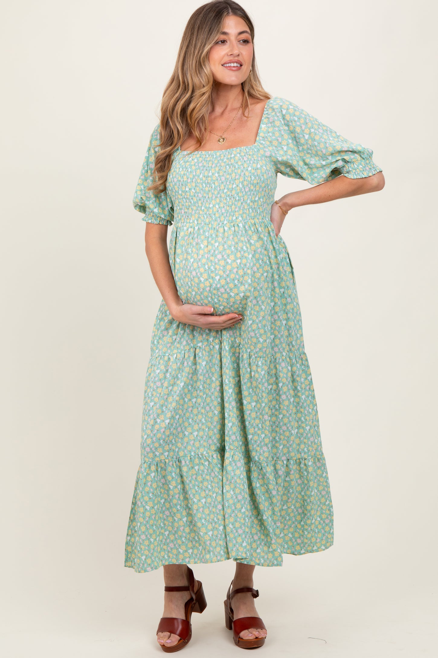 Mint Floral Smocked Tiered Maternity Maxi Dress