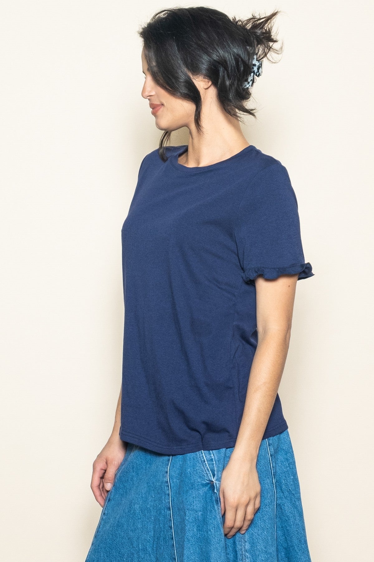 Navy Ruffle Trim Short Sleeve T-Shirt