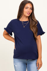 Navy Ruffle Trim Short Sleeve Maternity T-Shirt