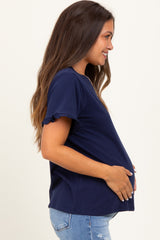 Navy Ruffle Trim Short Sleeve Maternity T-Shirt