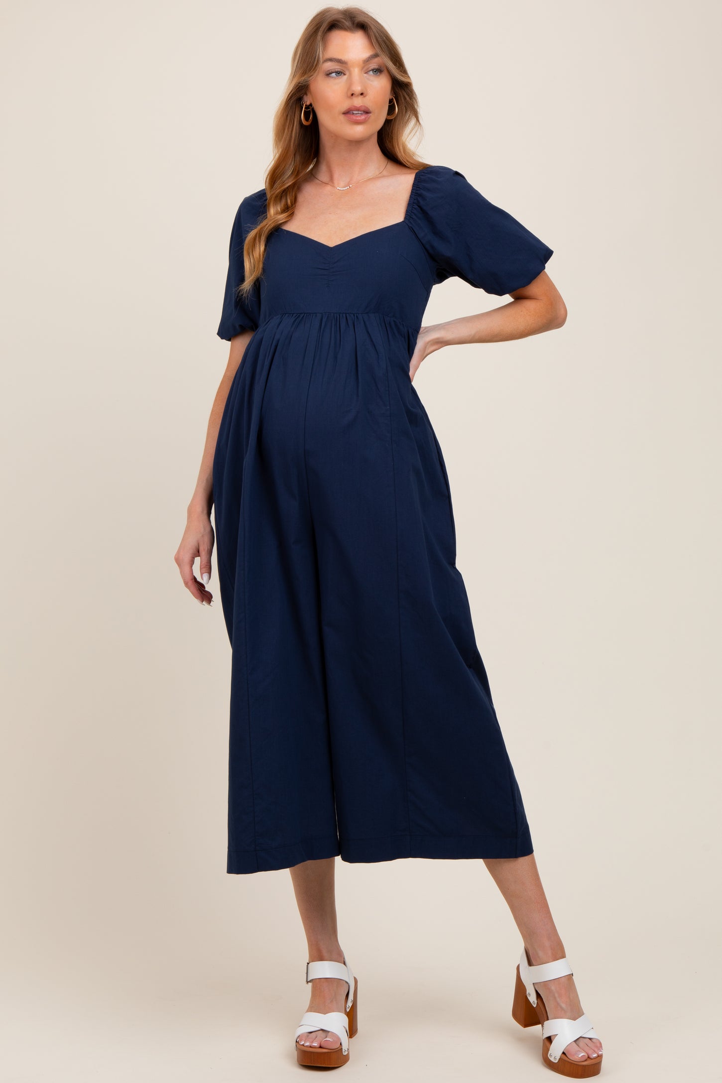 Navy Sweetheart Cropped Wide Leg Maternity Jumpsuit