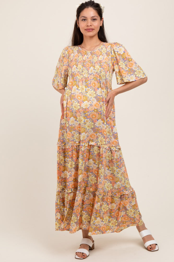 Peach Floral Smocked Ruffle Tier Maternity Maxi Dress