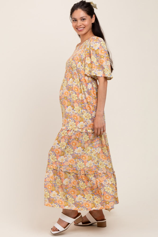 Peach Floral Smocked Ruffle Tier Maternity Maxi Dress