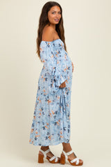 Light Blue Floral Off Shoulder Long Sleeve Maternity Maxi Dress