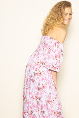 Light Pink Floral Off Shoulder Long Sleeve Maxi Dress